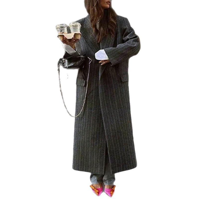 Womens Oversized Long Wool Blend Coat With Striped Notched Lapel Double-Breasted Button Streetwear Chic Style