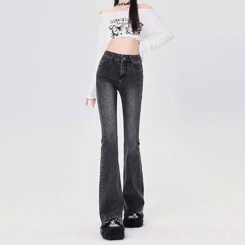 High Waist Black Gray Flare Jeans: Women's Slim Fit Korean Style, Stretchy, Floor-Length, Straight Leg, Horseshoe Design.
