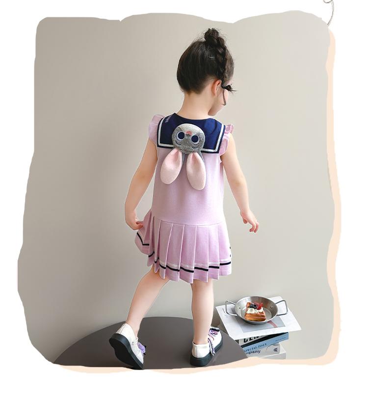 Girl Rabbit Police Officer Knitted Pleated Skirt Summer 2026 New Item Baby Girl Flying Sleeve Navy Collar Summer Dress Princess Skirt