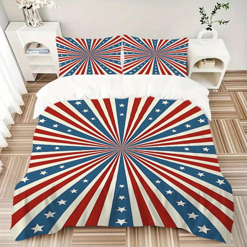 3pcs Blue Red Stars Stripes Bedding Set, Includes Without Pillow Inserts, Soft Comfortable Bedding Set,All-Season Use a0924020