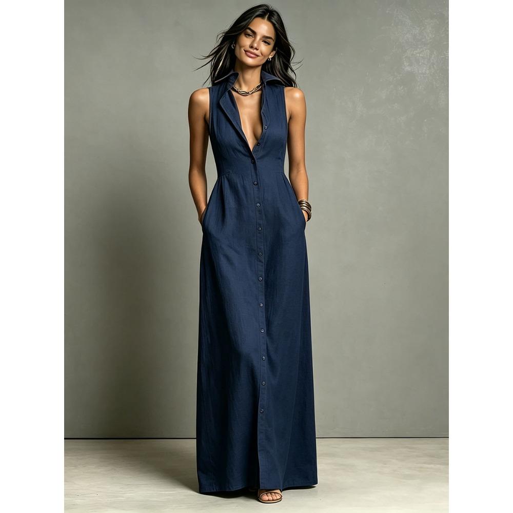 Women's Turn Down Collar Sleeveless Maxi Dress Button Down Casual Summer Shirt Dress