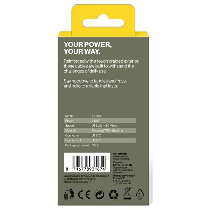 Aqiila Cablebird CB12 Câble USB-C USB 2.0 USB-C® Mâle 2.00 M Noir AQCBPBICB3BD874