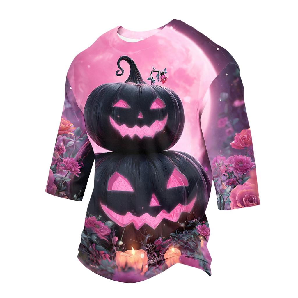 Men's Casual Halloween Printed Crew Neck Three Quarter Sleeve T Shirt with Pumpkin Graphic Loose Fit Comfortable Top