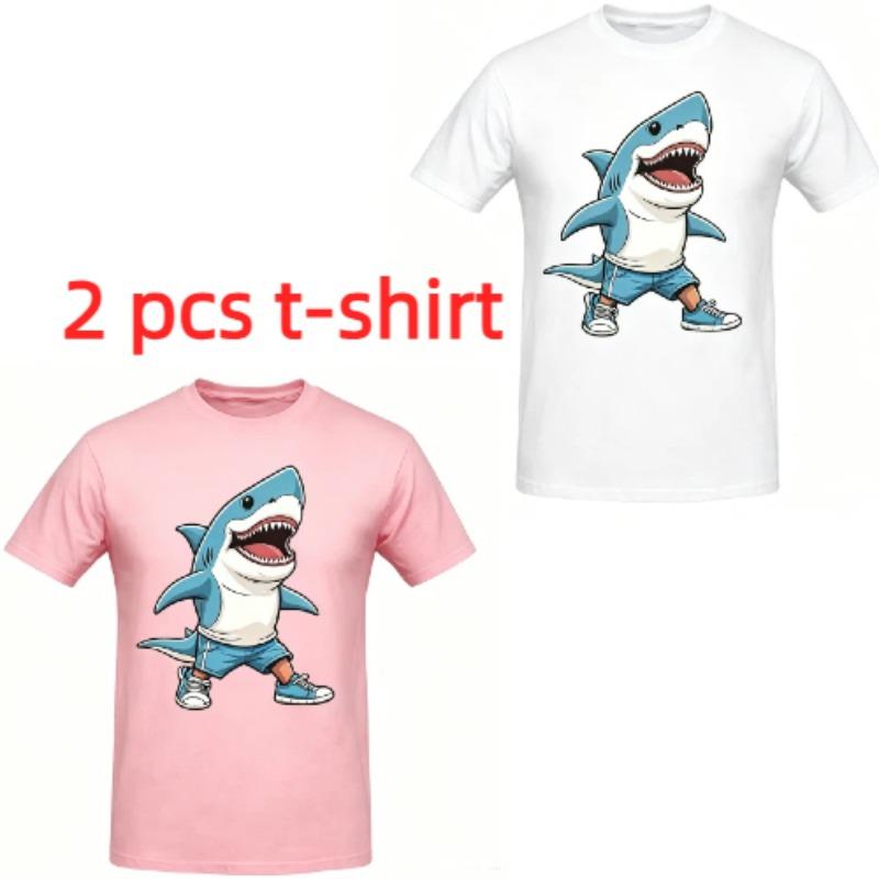 Cartoon Shark Monster Print Men's T-Shirts Summer Fashion Street Outdoor Casual T-shirt Tops for Men's and Women's Tees Top