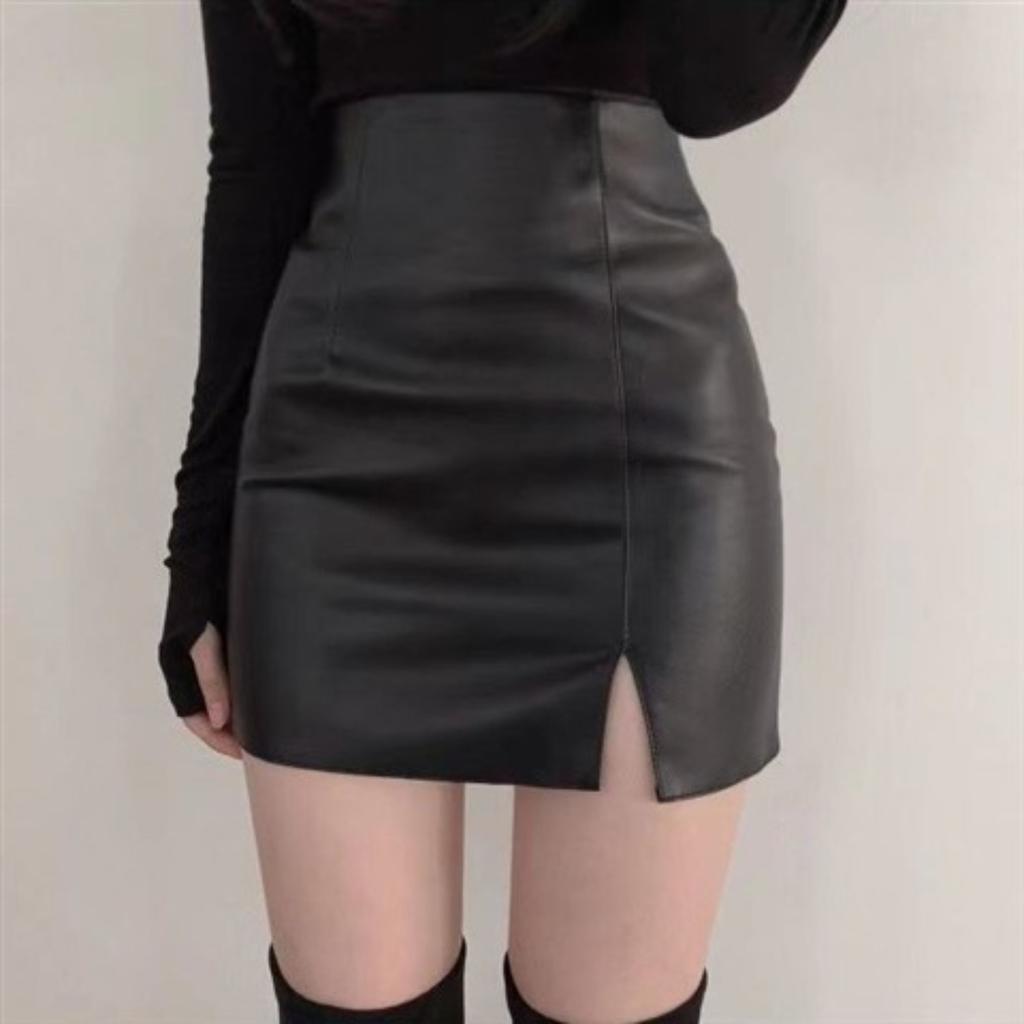 Women's High Waist Pencil Mini Skirt Faux Leather Solid Color Side Split PU Short Skirt