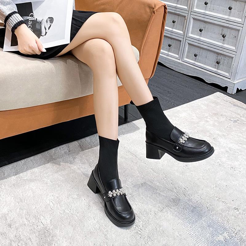 

Короткие сапоги на грубом каблуке, женские, новые, весенние и осенние, одинарные сапоги, эластичные носки, сапоги, трикотажные мокасины, платформа, большой размер, сапоги Martin 41