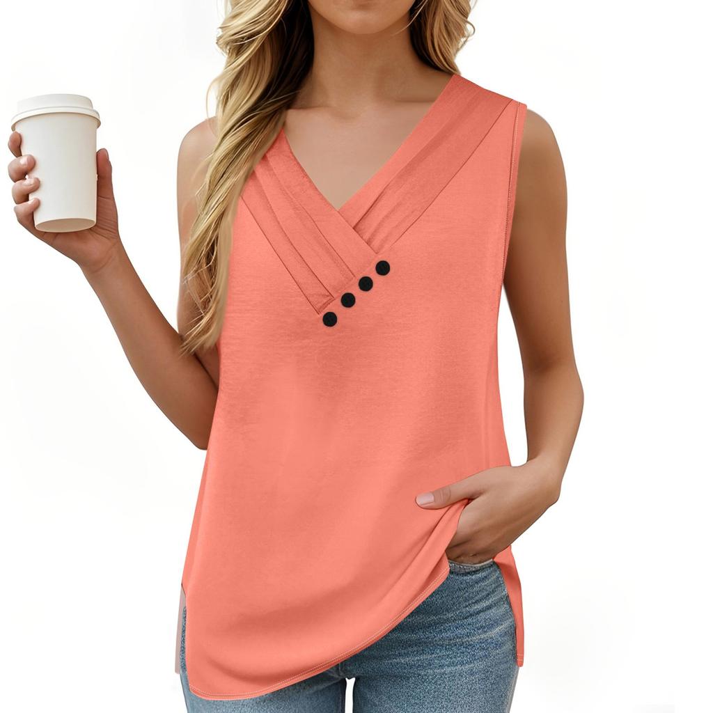 Women's Solid Color Vest Summer Button-down V-neck T-shirt Sleeveless Loose Fashion Top