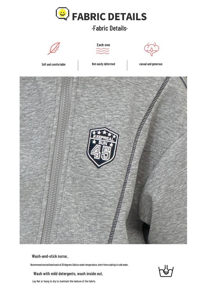 Girls' Grey Embroidered Badge Hooded Zipper Sweatshirt - Spring/Autumn Casual Loose Fit Jacket