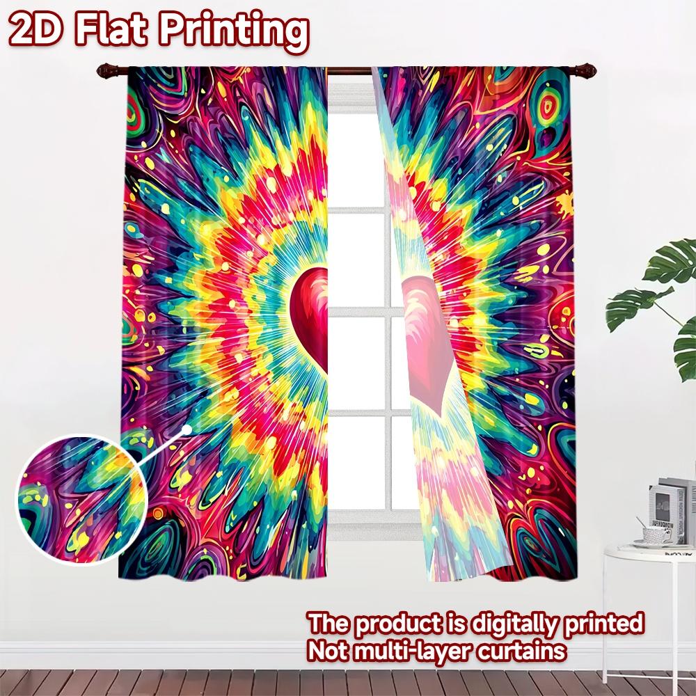 2D Flat Printing 2pcs Drapes Colorful Heart Tie Dye Digital Printed Polyester Drapes Festive Curtains Perfect for Yard & Garden