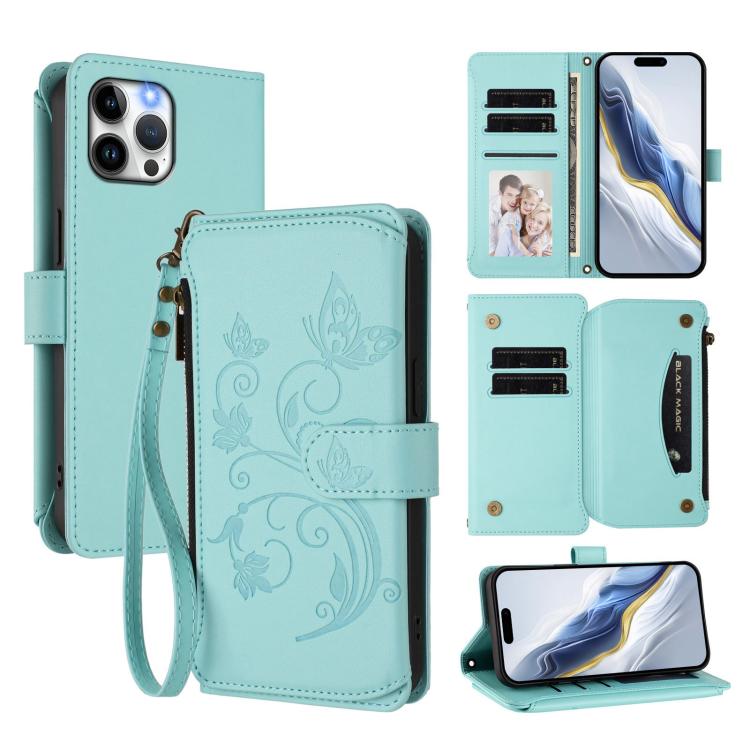 Butterfly Love Flower Multi-card Zipper Wallet Leather Phone Case