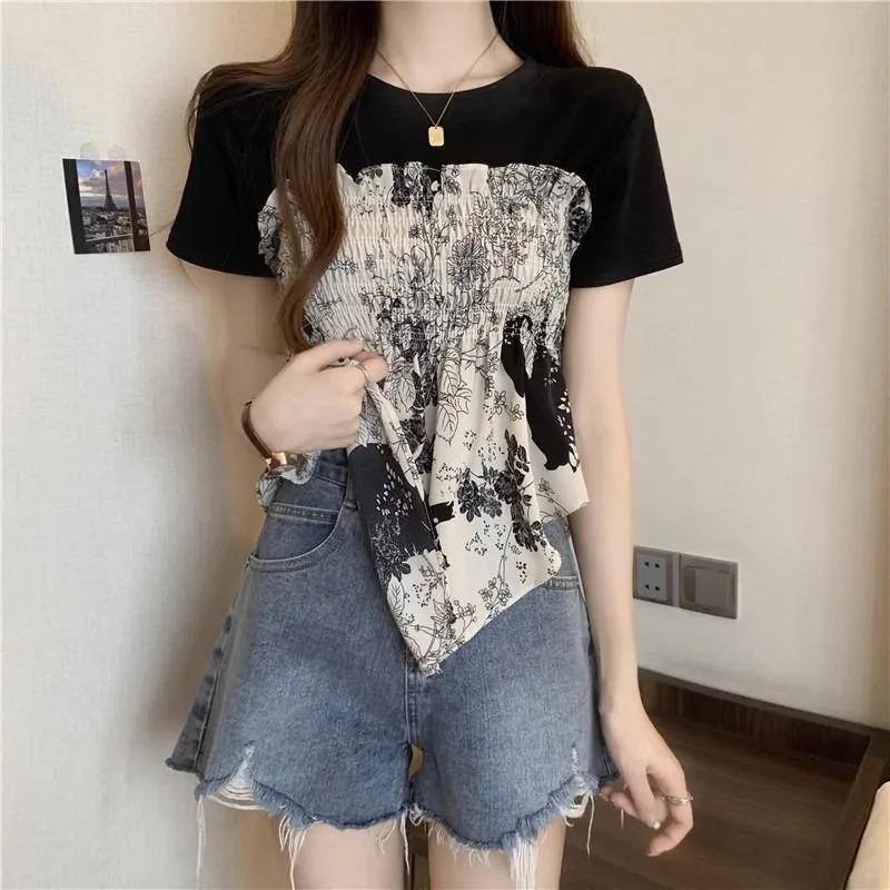 Irregular Fake Two-piece Printed Short-sleeved T-shirt for Women in Summer Plus Size Slimming Design Sexy Street Shirt Top