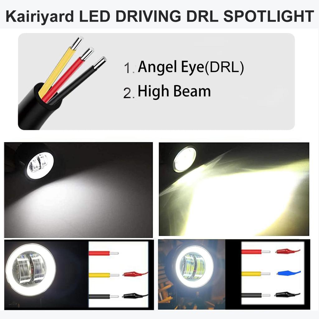 Kairiyard 3Inch LED Motorcycle Driving Lights 60W 6000K Auxiliary Spotlights With DRL/Angel Eye Off Road Light Pod 6000Lm LED Fog Work Light For