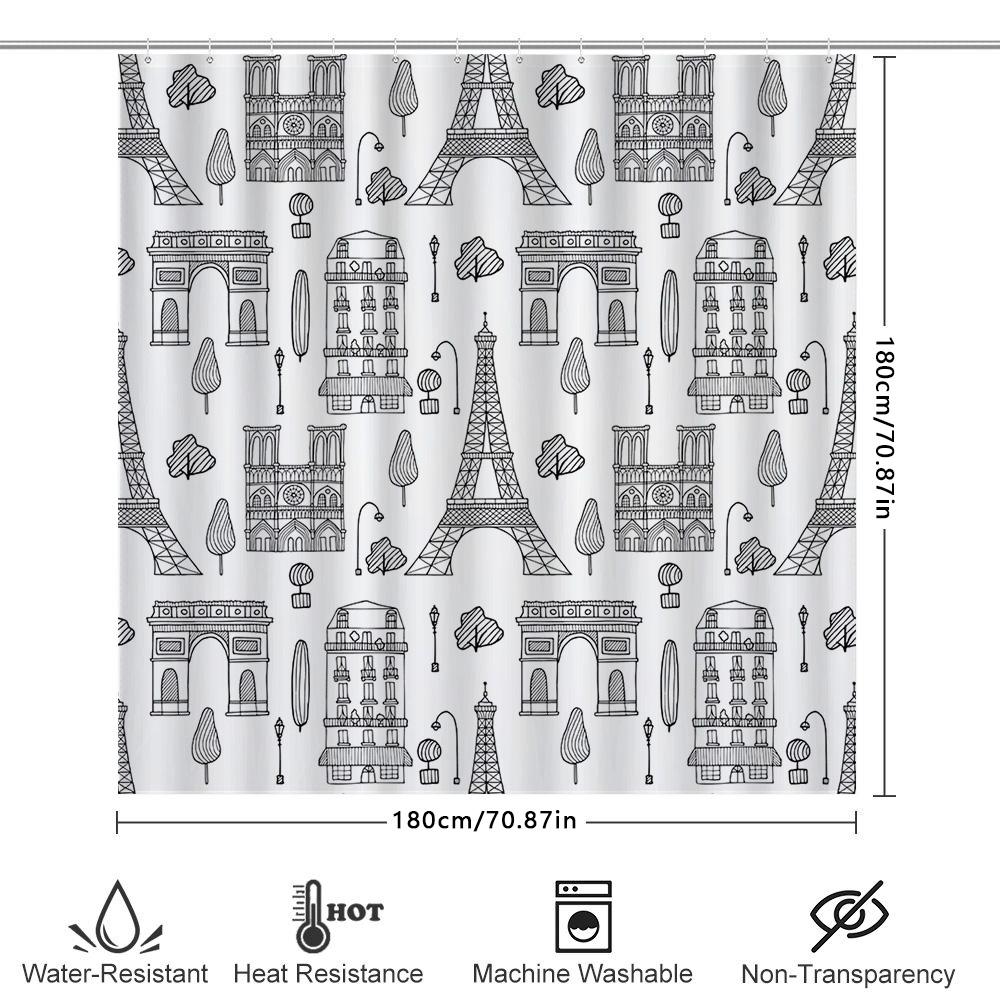 Vintage Parisian Sketch Shower Curtain Featuring Eiffel Tower, Notre Dame Cathedral Arc De Triomphe Black White Decor For Bathro