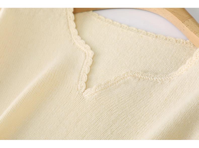 Women's 100% Wool V-Neck Lace Knit Pullover - Long Sleeve, Solid Color, Loose Fit Sweater for Autumn/Winter