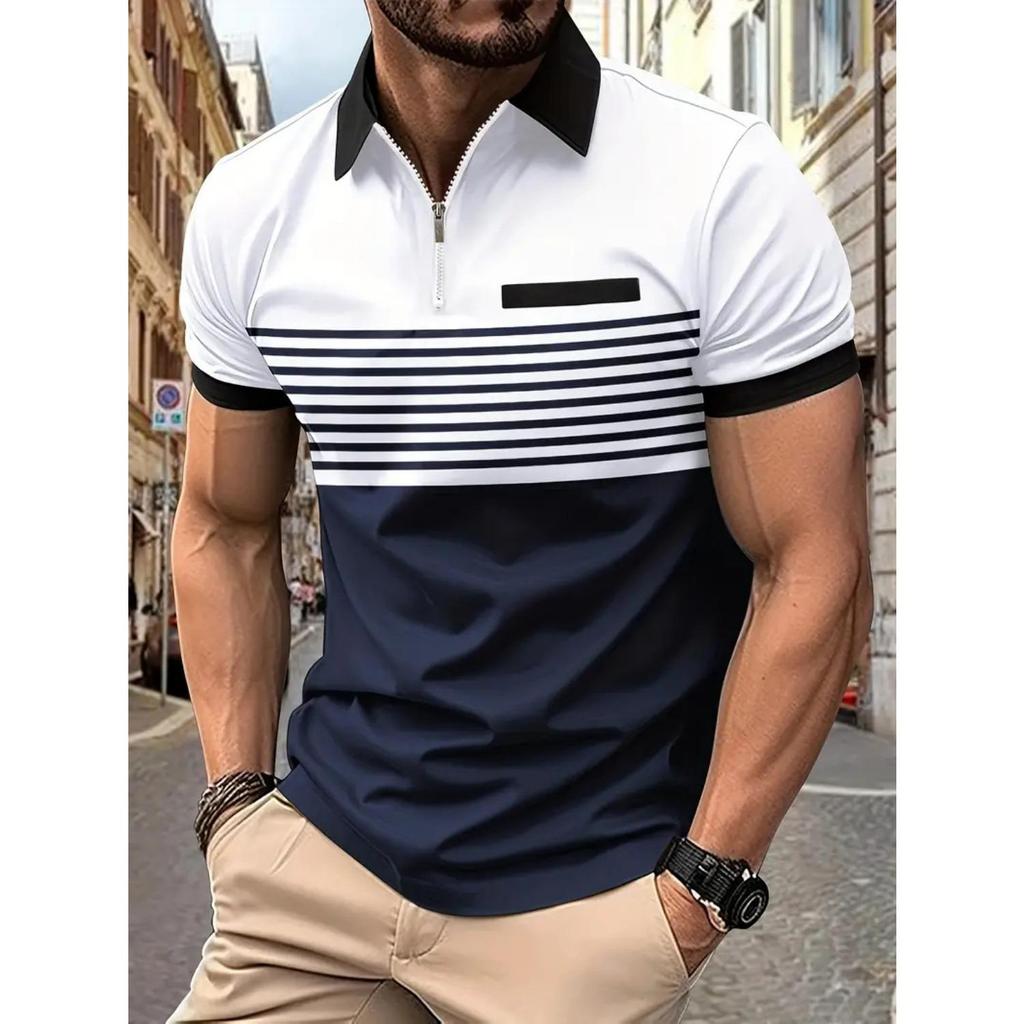 New Striped Printed Short Sleeve Top Men's Casual Lapel Zip Polo Shirt Polo