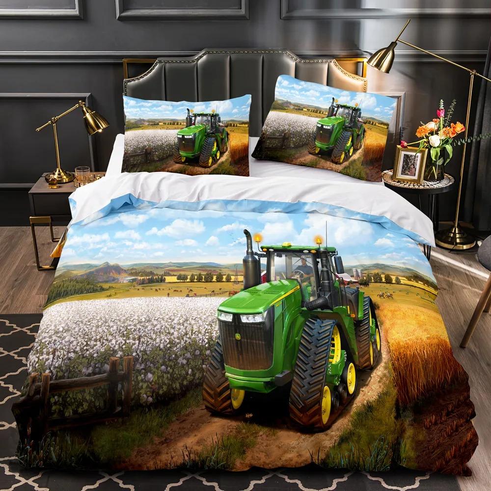 Juego de cama con estampado de tractor para niños, funda nórdica con estampado de coches de construcción para niños, funda nórdica con vehículos de maquinaria pesada