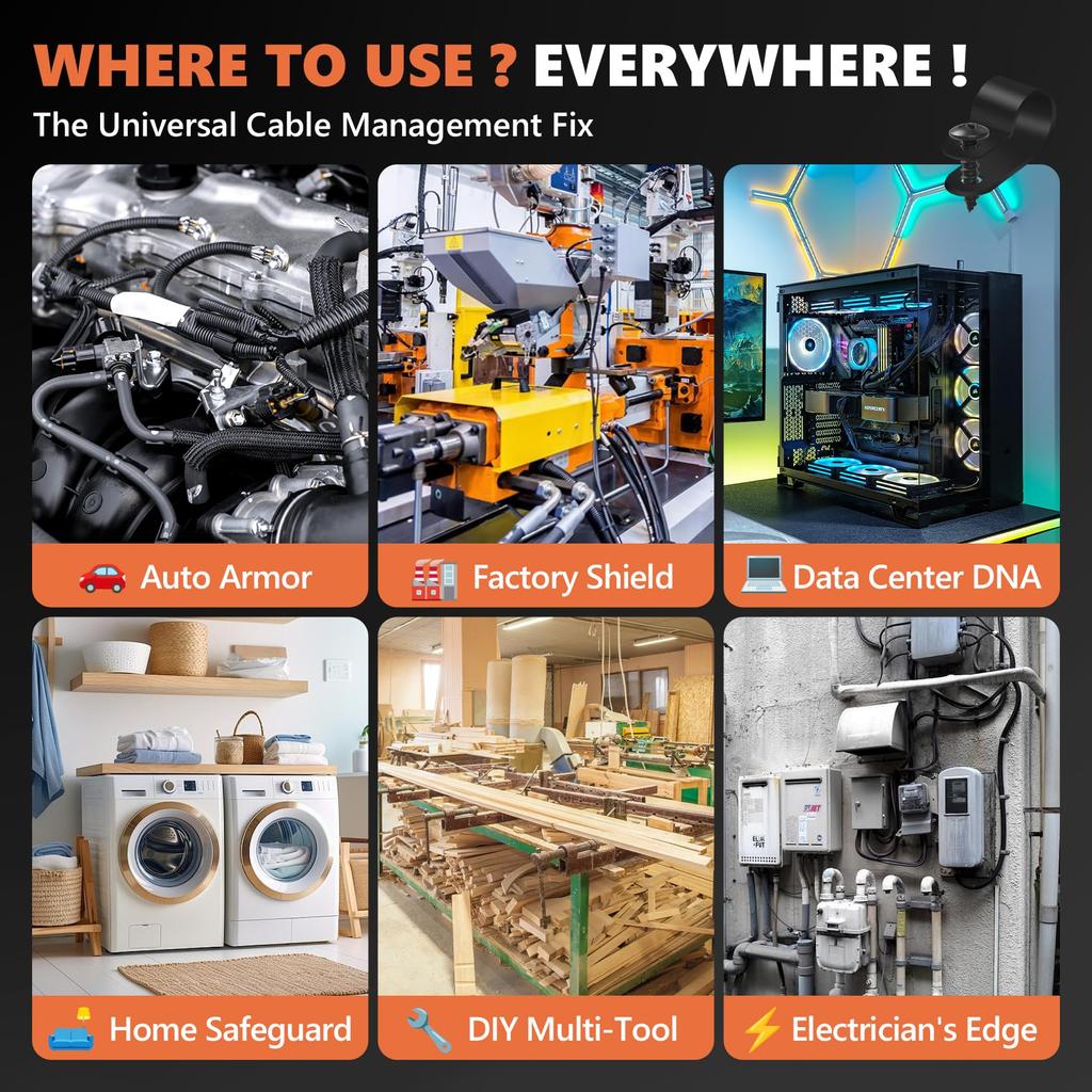 320PCS Black R Cable Clips-6 Sizes Premium PA66 Nylon | High Temp Resistant |  Wire Management Clamps