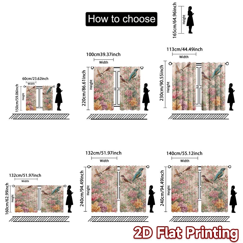2D FLAT PRINTING 2pcs Curtains (Without Rod) Birds Among Blossoms Popular Minimalist Curtains 100% Polyester Curtains Outdoor