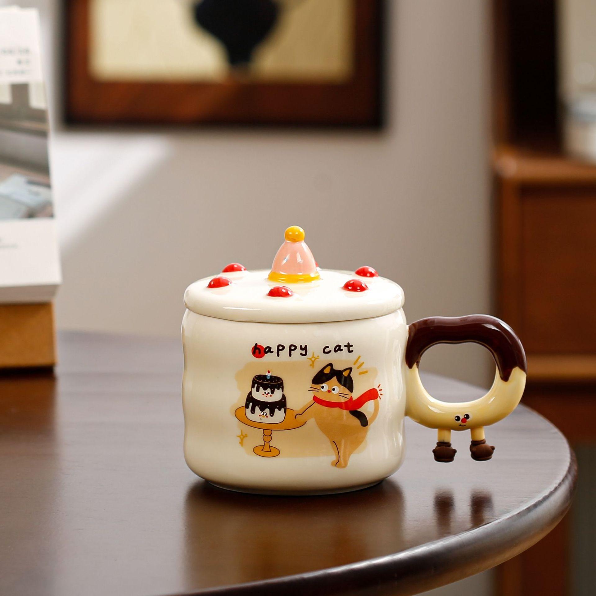 

Cute Cartoon Cat Birthday Cake Mug with Lid Souvenir Gift Water Cup Puppy Ceramic Cup Coffee Cup 301-400ml