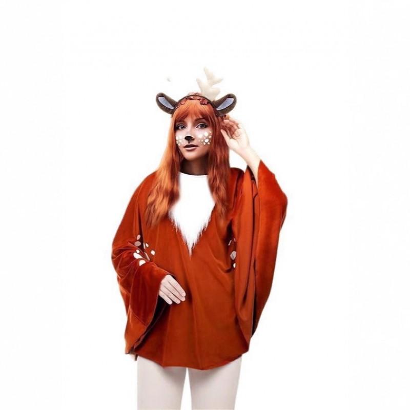 Christmas Eve Reindeer Cloak Costume With Headband Face Stickers Cosplay Party