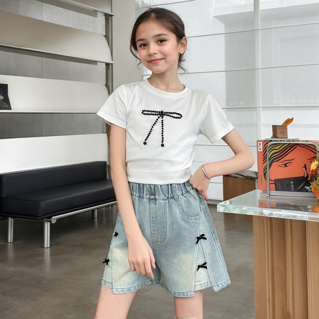 Girls Summer Bow Denim Shorts Fashion Versatile Jeans Casual Sports Shorts 5-15 Years Old