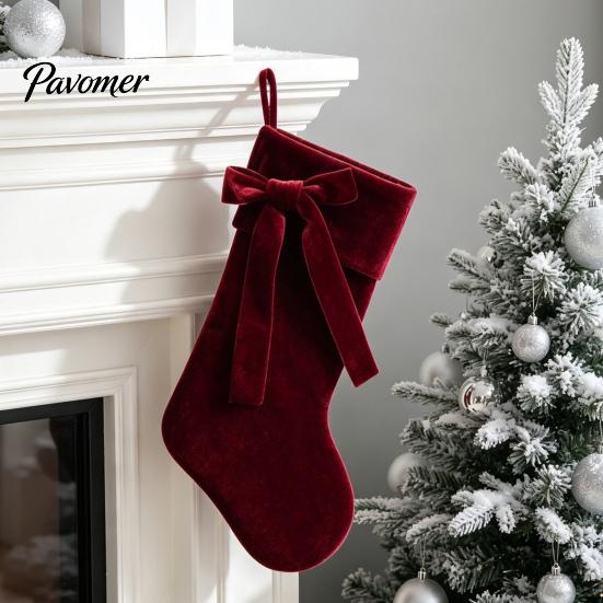 Xmas Party Supplies 19 Inch Velvet Christmas Stocking with Bow, Soft Large Fireplace Hanging Stockings for Gifts Sock Plush Cuff Mantel, Holiday Tree