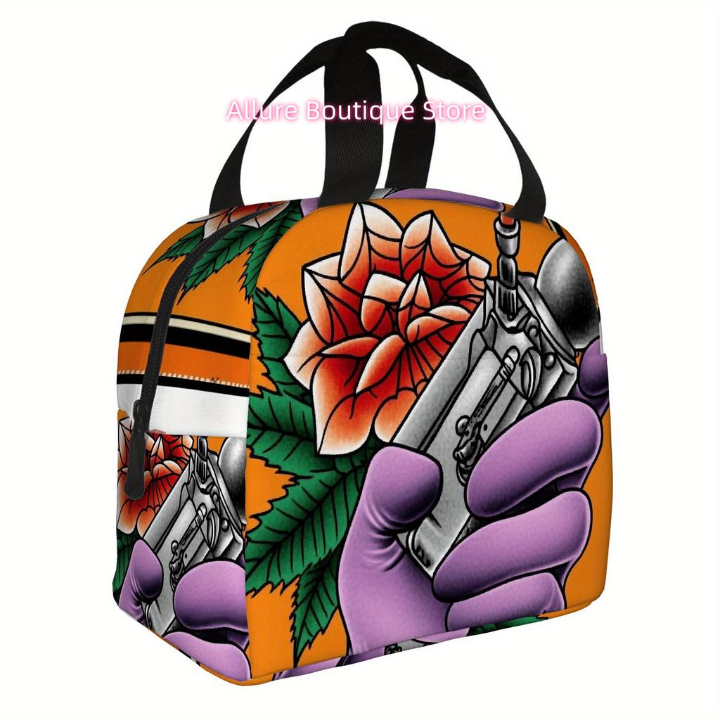 1pc Tattoo Art Thermal Insulated Bag with Rose & Needle Design - Vibrant Orange, Black & White, Reusable & Portable for Home, Of
