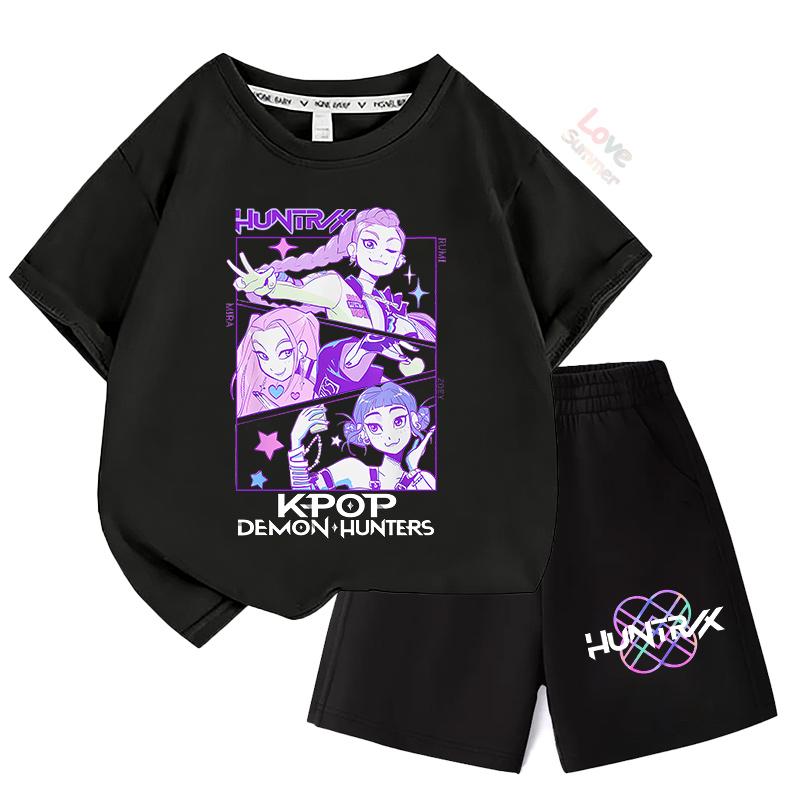 Sommer-T-Shirt-Set Kinder Oberteil Mädchen KPop Huntrx Devil Hunter Mädchengruppe Bedruckt Kurzarm Shorts Zweiteiliges Set