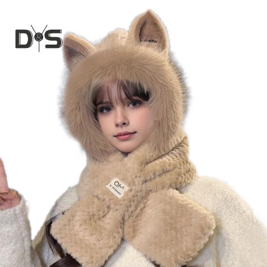 Women Winter Integrated Hat And Scarf Thick Fleece Warm Cartoon Fox Ear Decor Windproof Full Protection Outdoor Travel Cold Weather Snowboarding
