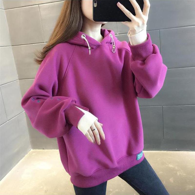 Cotton Sweatshirt Women Autumn Hooded Comfortable Thickened Fake Two Piece Top Solid Color Casual Versatile Sweatshirt