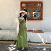 Green Polka Dot Square-neck Shoulder Short-sleeve Dress for Women, Spring/summer New Plus-size Plus-size Girl, Forest-style Vintage Dress