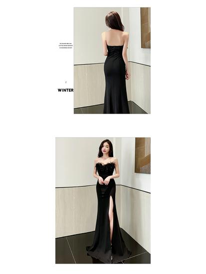 2025 Sexy Backless Strapless Floor-Length Slit Evening Gown for Foot Massage Technicians