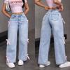 Women's Straight Leg Jeans Slimming Casual Pants Stylish Bow-tie Jeans Loose Straight Leg Wide-leg Trousers