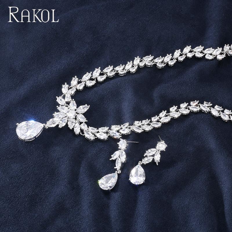 RAKOL SP237 Luxury Wedding Women Style Waterdrop Pendant Crystal CZ Zircon Necklace Jewelry Set