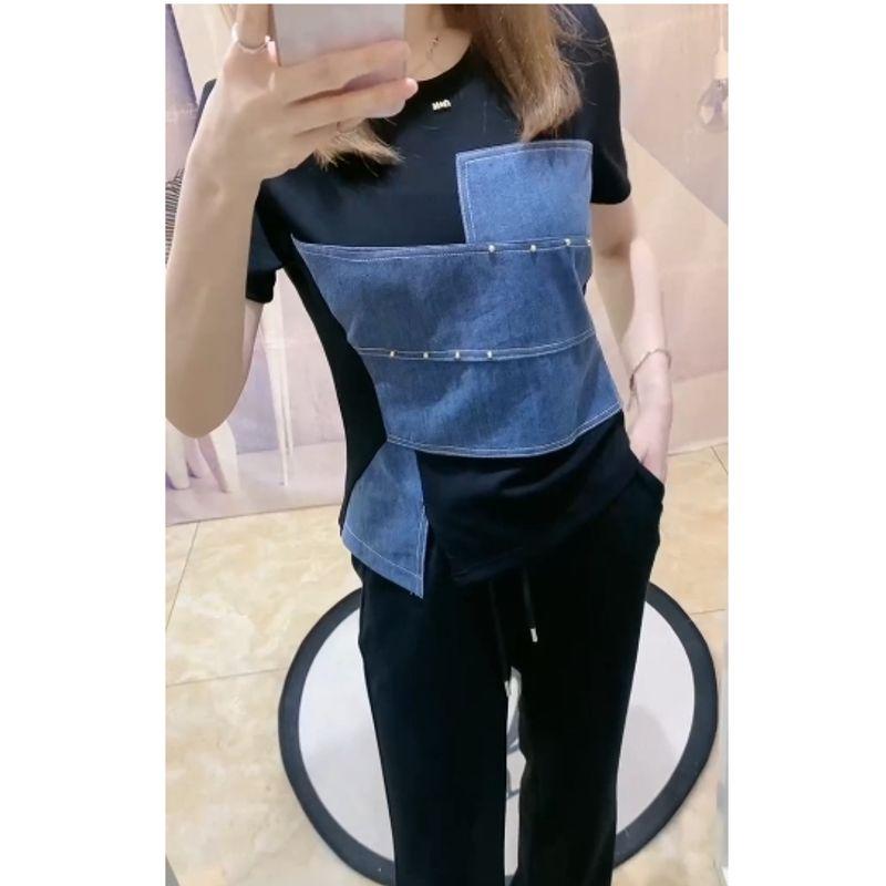 

Модный костюм в девичьем стиле колор-блок! Женская спортивная хлопковая футболка с короткими рукавами и круглым вырезом, в цветовой гамме + Длинные микро широкие брюки на шнурке Black L