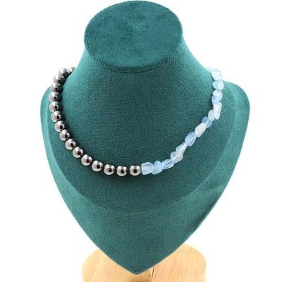 Stones and Minerals. Brazilian Aquamarine + Hematite 8 Mm Pearl Necklace. Steel Chain Necklace Women, Men. Custom Size