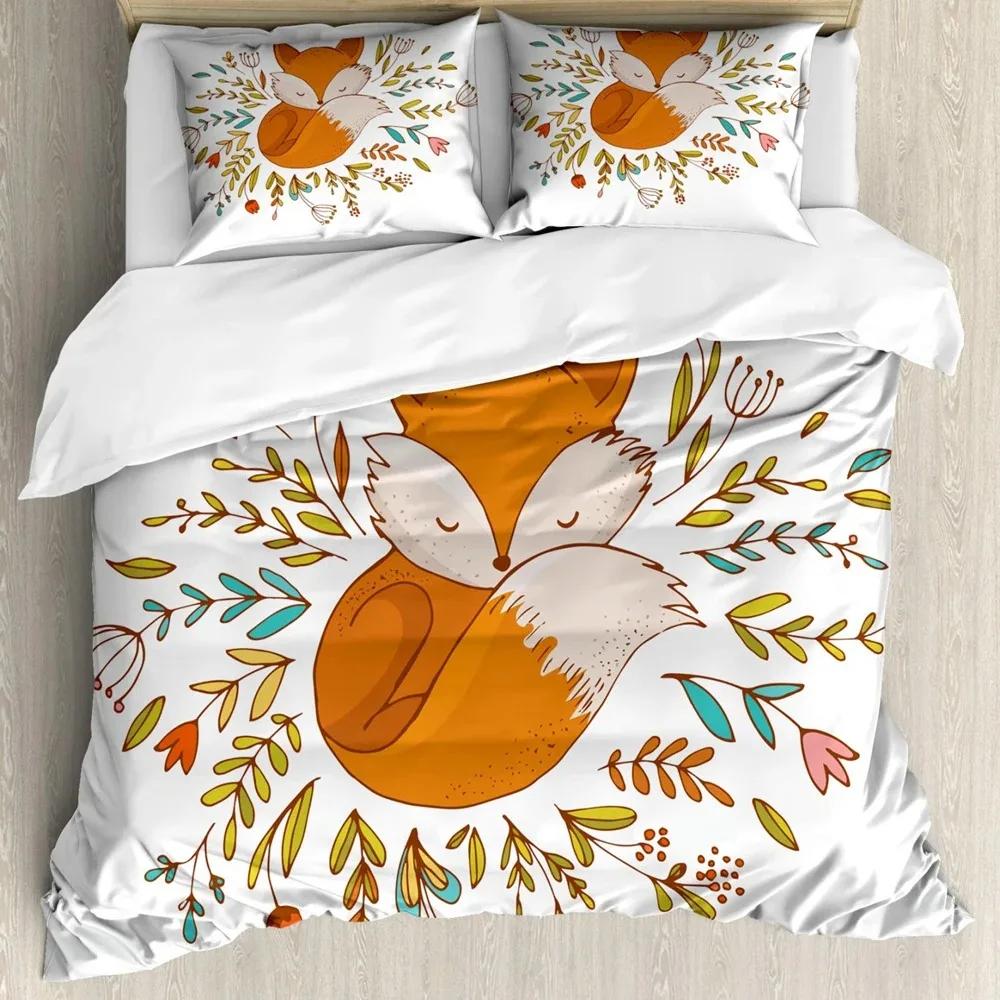 Girls Cartoon Fox Duvet Cover Set Cute Fox Bedding Set Kawaii Animals Comforter Cover Botanical Floral Bedspread Cover Full Size