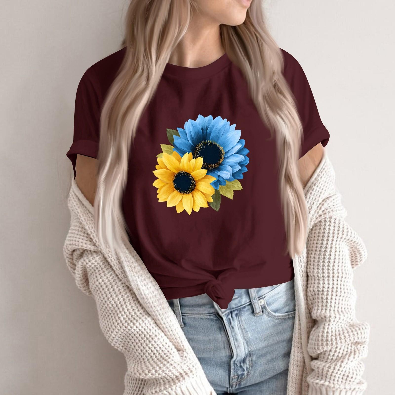 

Women s Fashion Casual Printed Round Neck Short Sleeved Pullover T-Shirt Top XL винний