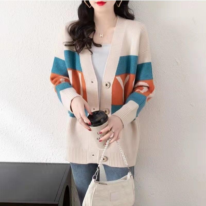 Fashionable Knitted Cardigan for Women Artistic Color-blocked Letter Sweater Cardigan Korean-style Loose Top Outerwear