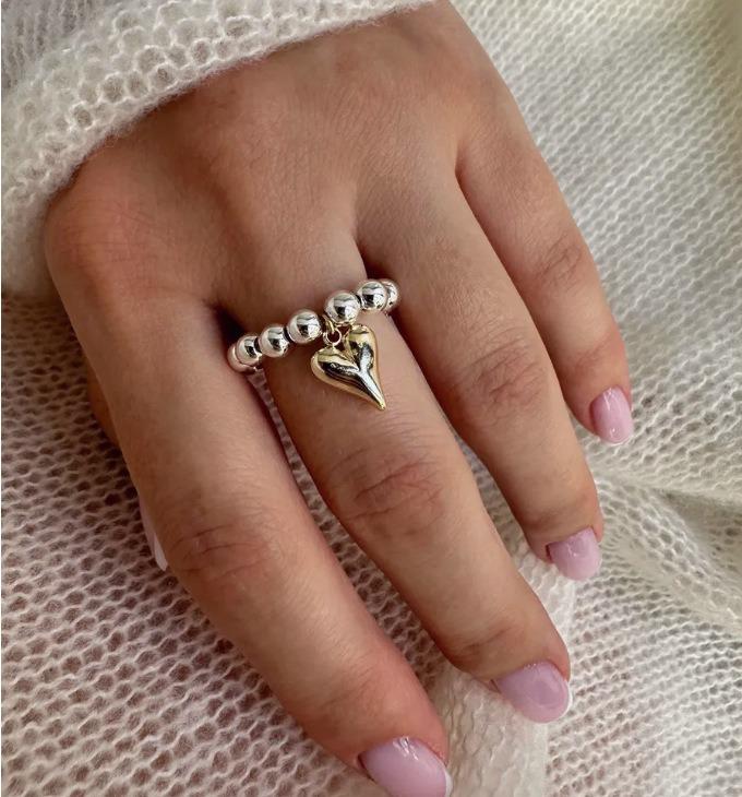 Stainless Steel Heart Ring for Women - Personalized Versatile Beaded Elastic Ring