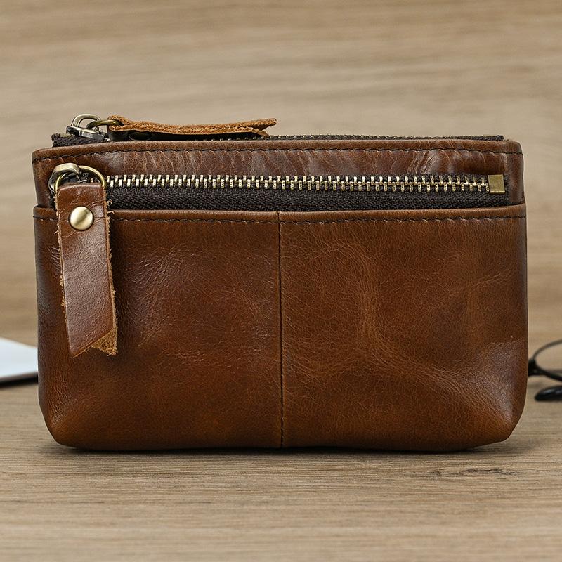 Little Coin Purse Genuine Leather Real Cowhide Men's Leather Short Wallet Mini Purse Men Women Key Wallet Card Zip With Key Ring