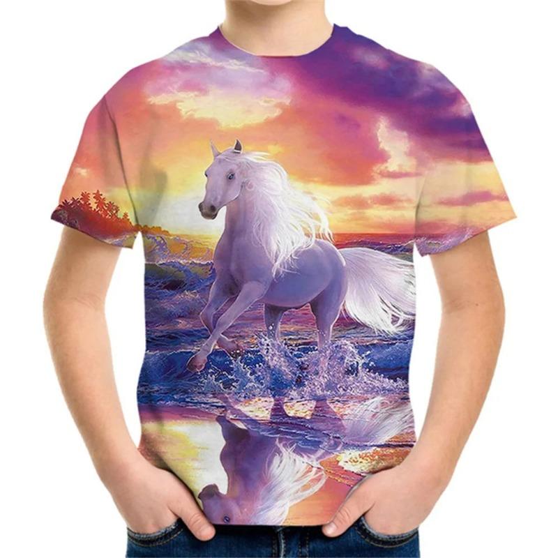 Children's T-Shirt Horse Girls Tee Shirt Casual Graphic T Shirts Short Sleeve Kids Clothes Crew Neck Outdoor Children's Clothing