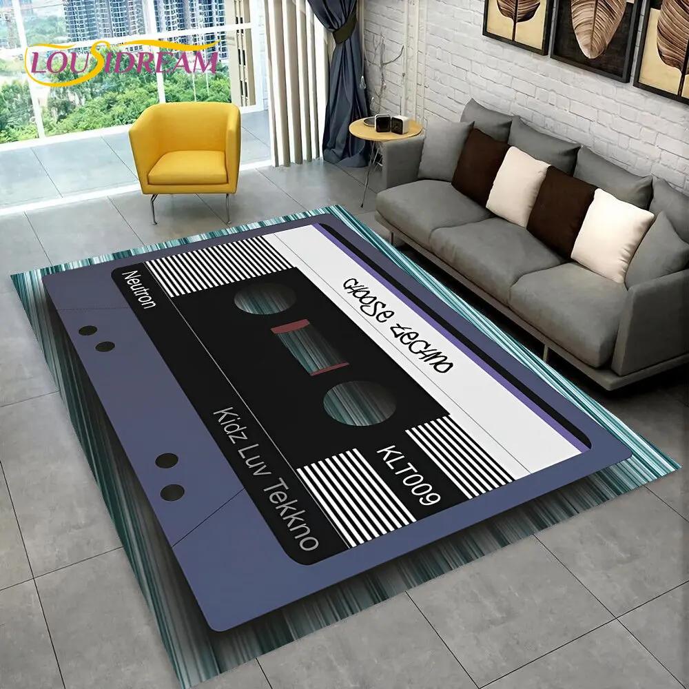 Alfombra de Área Grande con Patrón de Cinta de Cassette de Música Retro, Alfombra para Sala de Estar, Dormitorio, Sofá, Felpudo Decorativo, Felpudo Antideslizante
