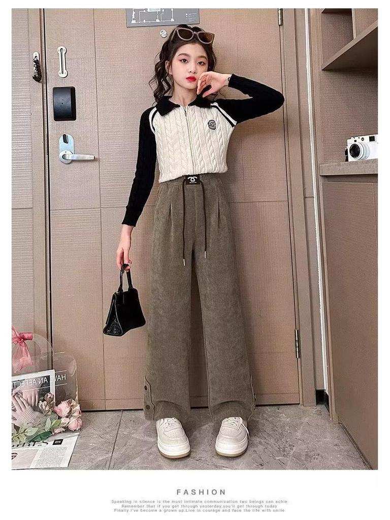 2024 Girls' Corduroy Wide-Leg Pants: Spring & Autumn Casual Straight-Leg for Kids