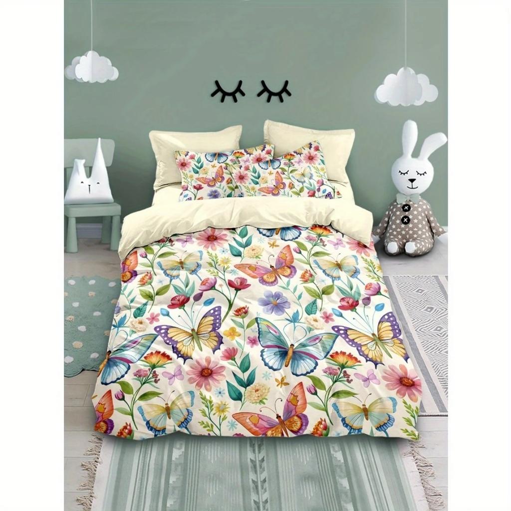 Dopamin Buntes Blumenmuster Romantischer Bettbezug Queen King Size Frühling Blumenmuster Bettwäscheset Raumdeko 3-teiliges Set Ohne Steppdecke