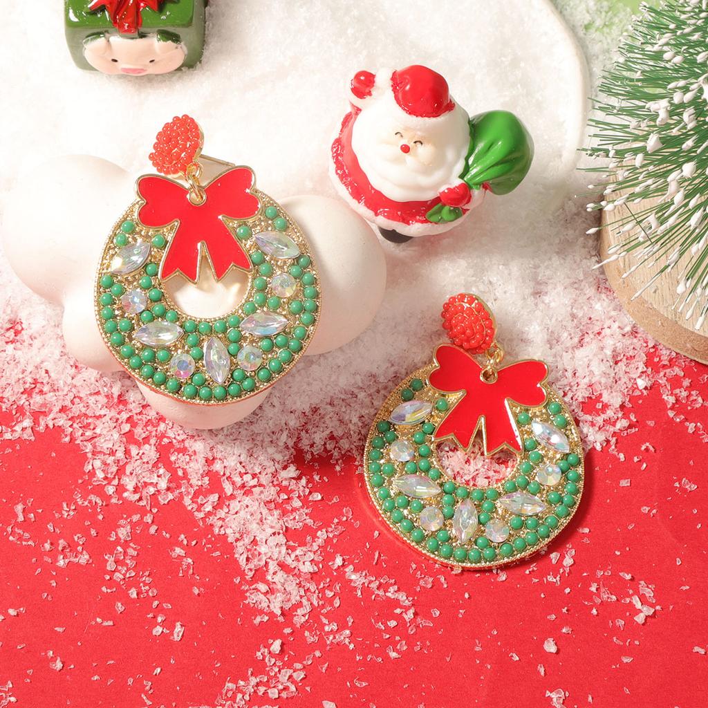 Christmas simple fashion drop oil red bow rice bead zircon geometric niche versatile earrings