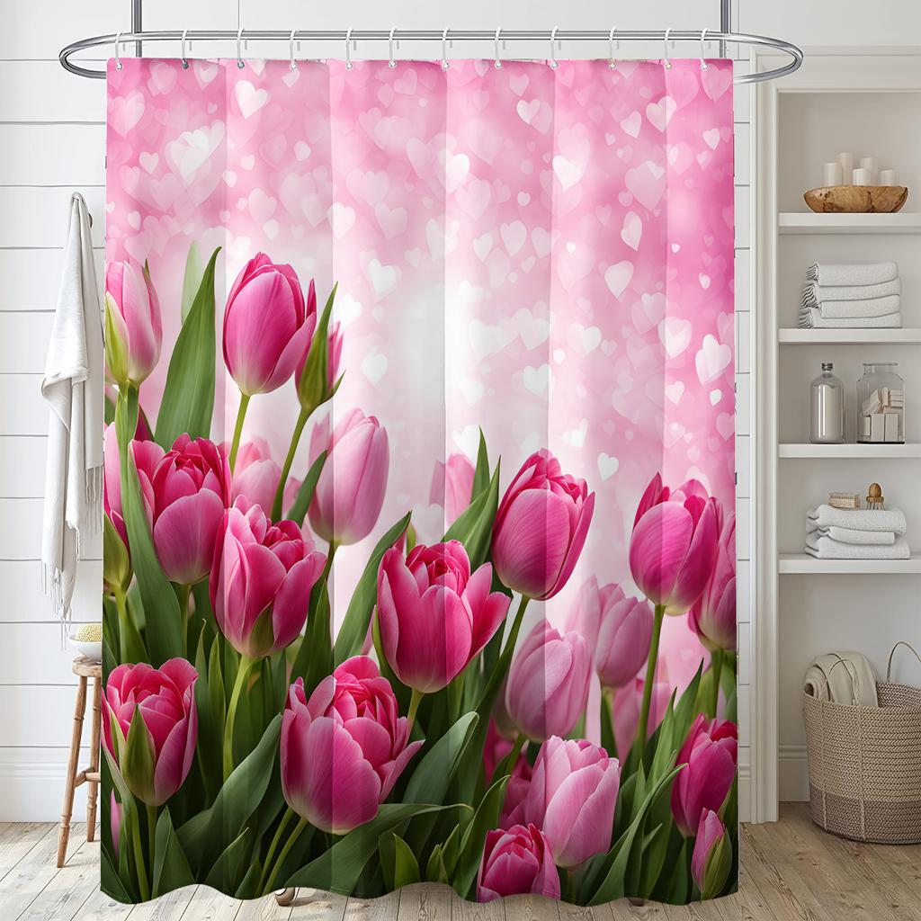 Dreamy Love Tulip Shower Curtain - Water-Resistant Polyester, Machine Washable, Artsy Bath Decor for Valentine's Day, All-Season