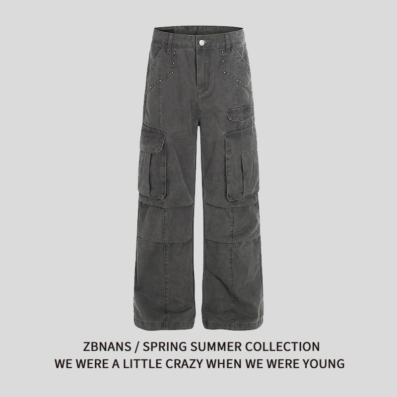 Mens High Street Hip Hop Cargo Pants Loose Straight Leg Multi-Pocket Rivet Denim Jeans Casual Streetwear