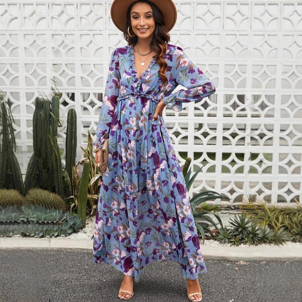 2025 Women's Fashion Long Sleeve Evening Dress - European & American Print Design