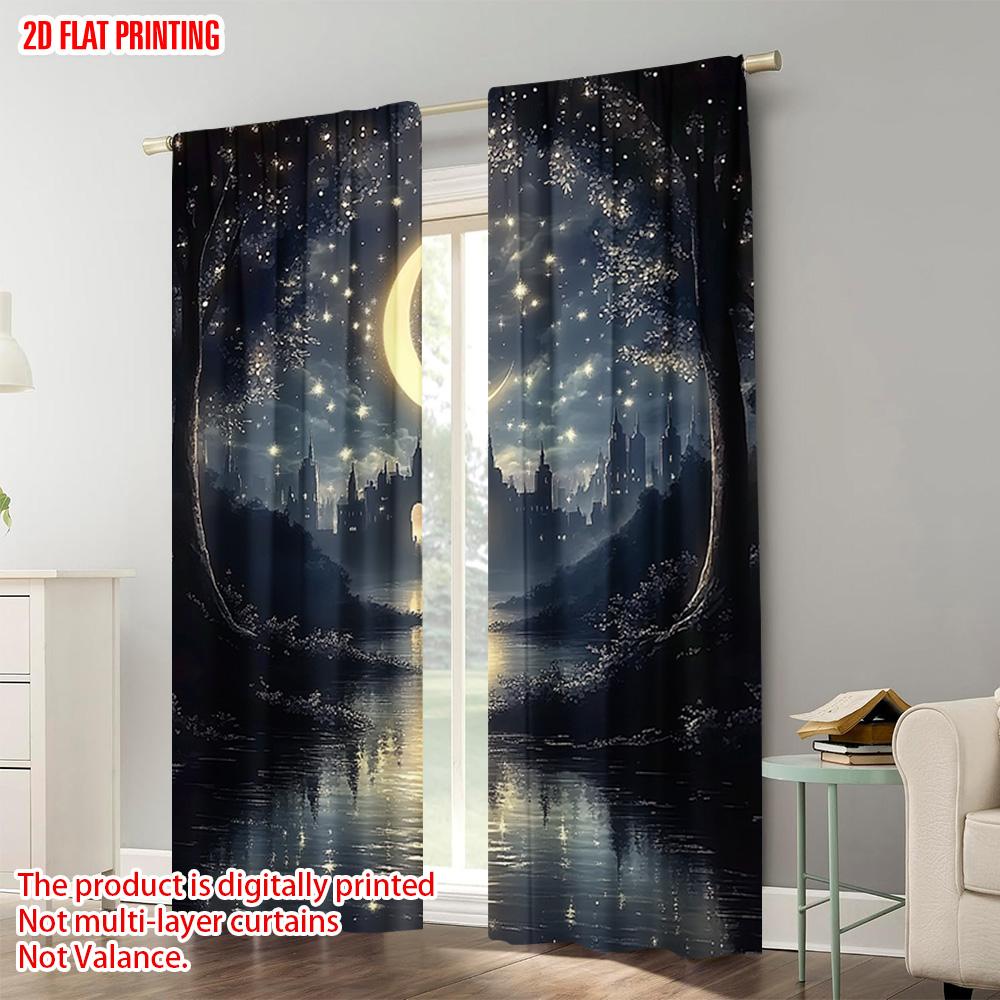 Set Of 2 Plane Printing Curtains Window Treatment Starry Night Sky Durable Polyester Fabric Without Rod Festive Living Curtain
